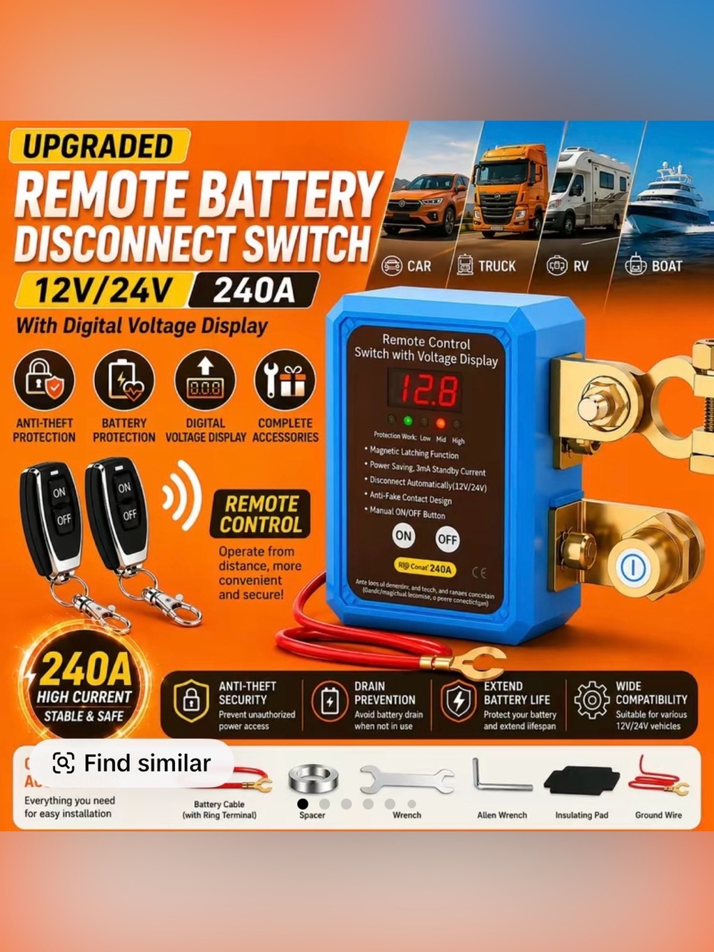 12V/24V Remote Battery Disconnect Switch 240A with Digital Voltage Display